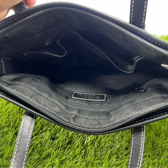 Fossil Black Leather Monogrammed Fabric Canvas Small Tote Satchel Handbag Purse - Picture 10 of 14